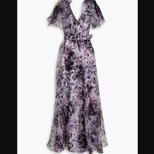 Badgley Mischka Wrap-Effect Floral-Print Organza Gown in Lilac Floral